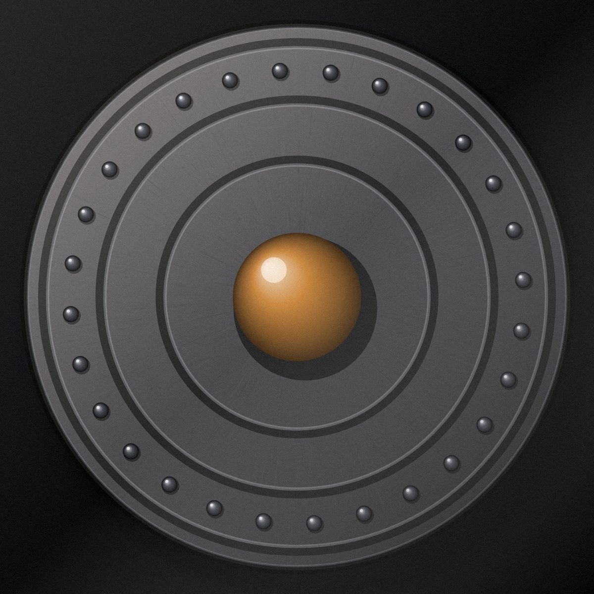 A hoplite shield face in worked steel with a bronze boss and a ring of rivets